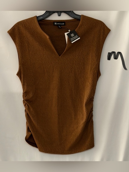 Cable & Gauge Tops - Cable & Gauge Brown Textured V-Neck Tank with Side Ruching